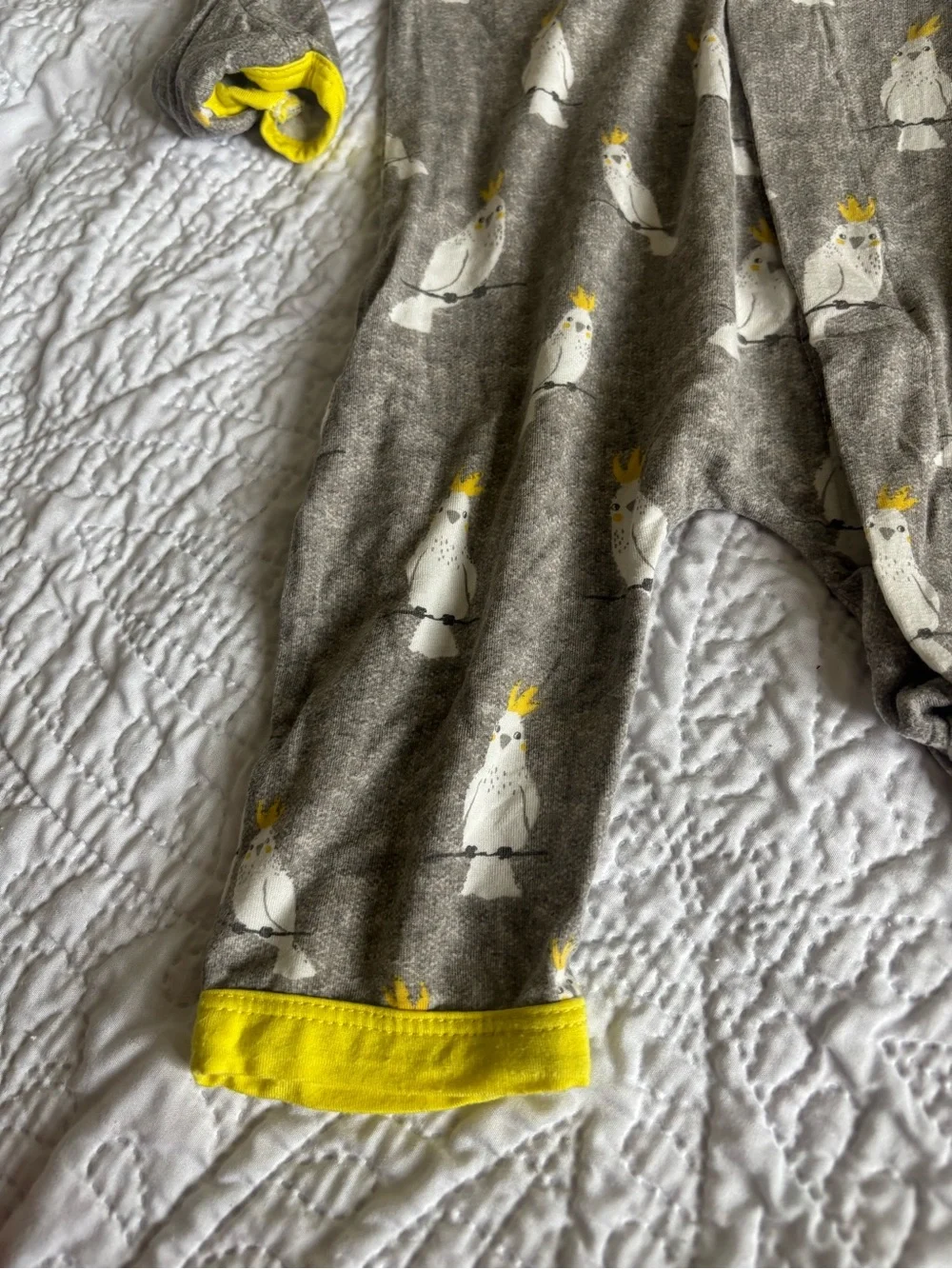 Magnetic Me Gray One-Piece Footie with Yellow Trim and Cockatoo Print